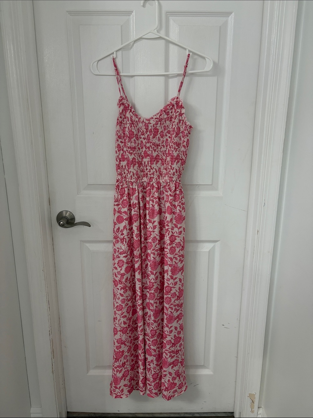 Pink Floral Smocked Maxi Dress with Spaghetti Straps